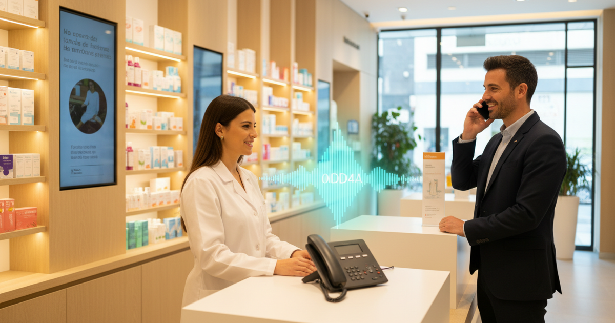 Farmacéutico atendiendo el mostrador mientras un agente de voz con IA responde el teléfono