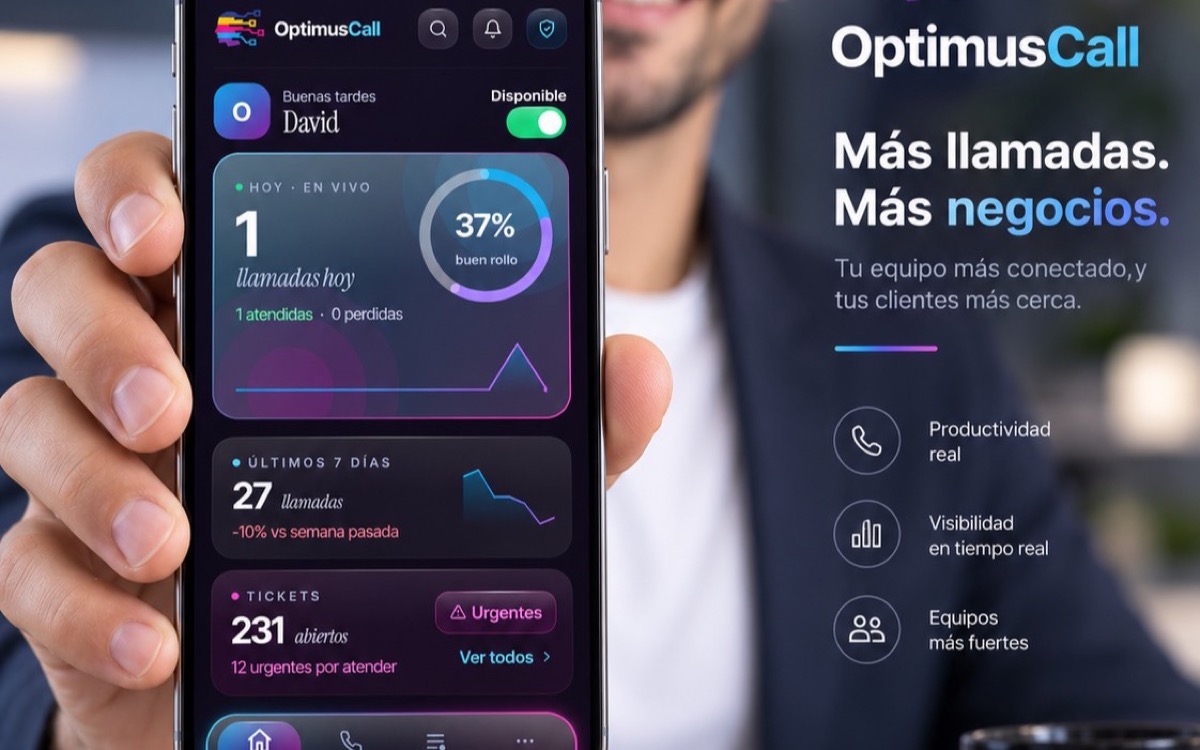 Un empresario muestra la app de OptimusCall en su móvil, con las llamadas del día en pantalla