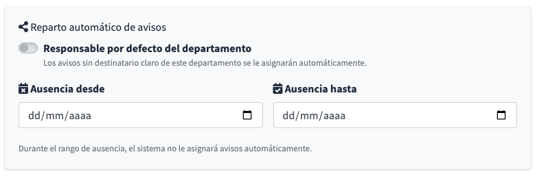 Bloque de Reparto automático dentro de la ficha de un empleado — switch de responsable por defecto y campos de ausencia
