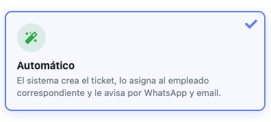 Tarjeta del modo Automático seleccionada — el sistema crea el ticket, lo asigna y avisa al empleado por WhatsApp y email
