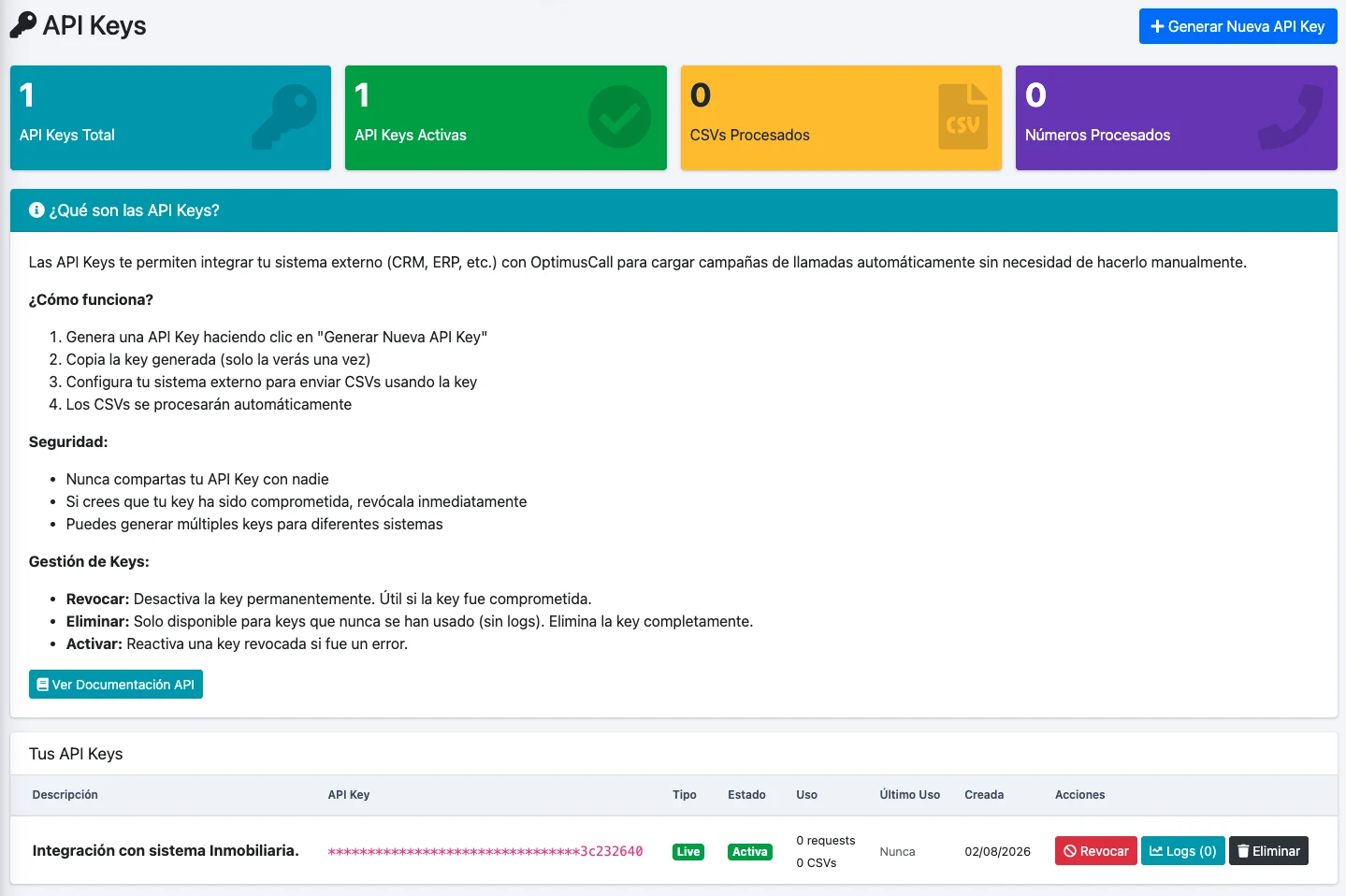 Panel real de API Keys: genera claves para conectar tu CRM o ERP y lanzar llamadas automáticamente