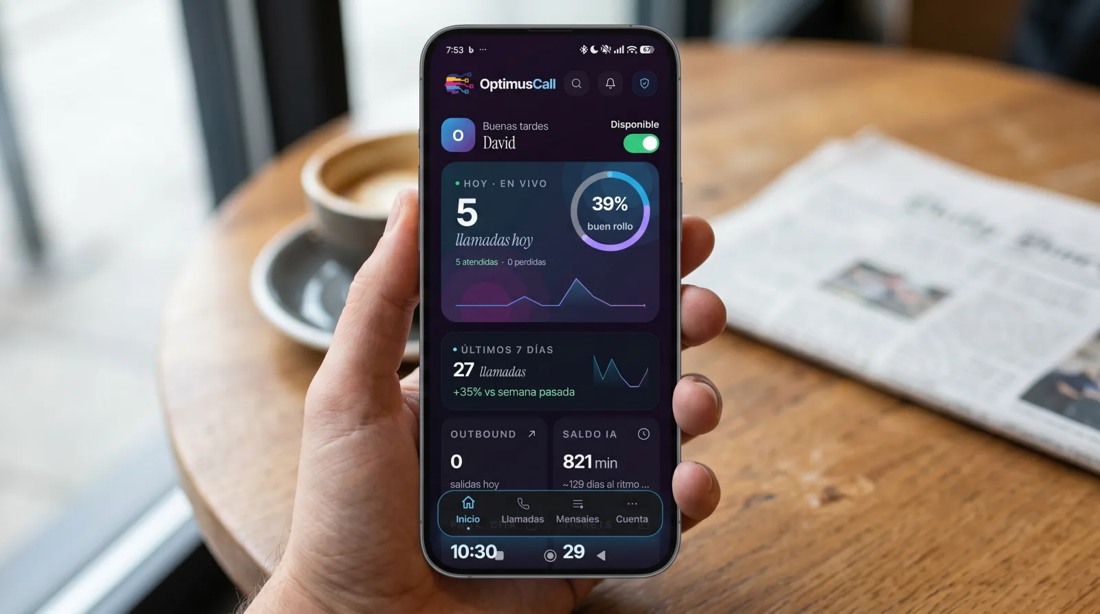La app nativa de OptimusCall en un móvil: llamadas de hoy en vivo, saldo y disponibilidad