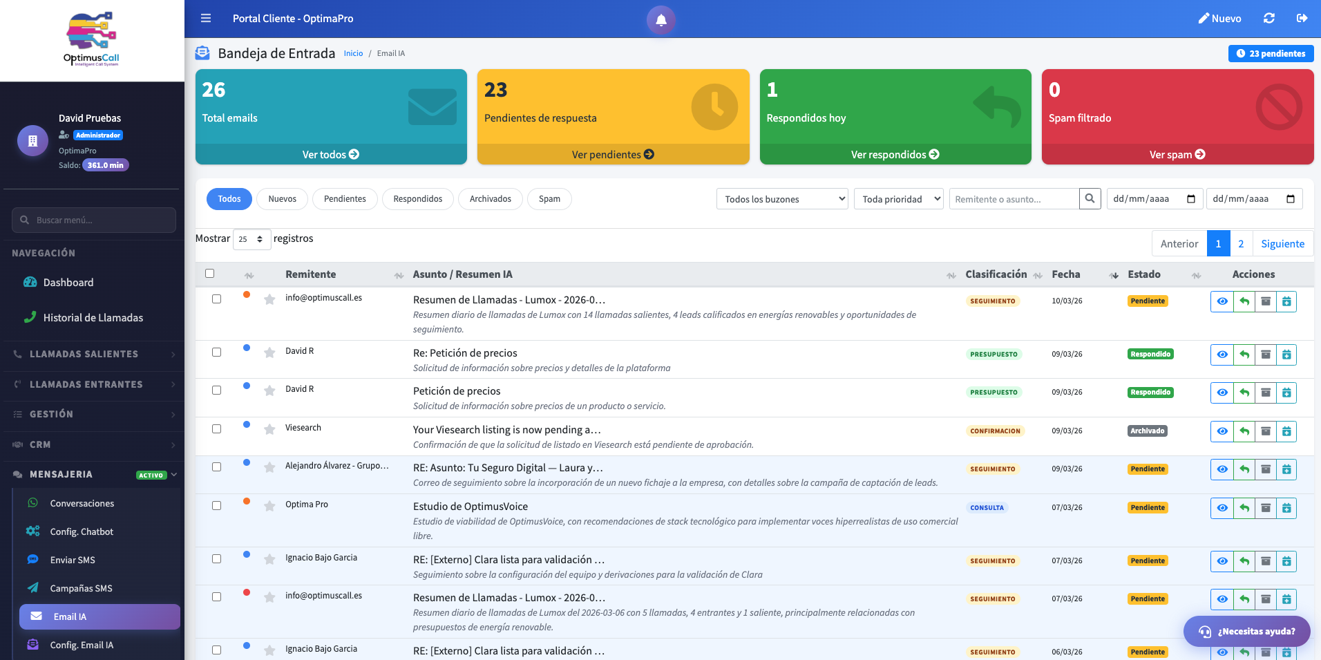 OptimusCall v5.6 - Email IA, Bandeja de Entrada Inteligente
