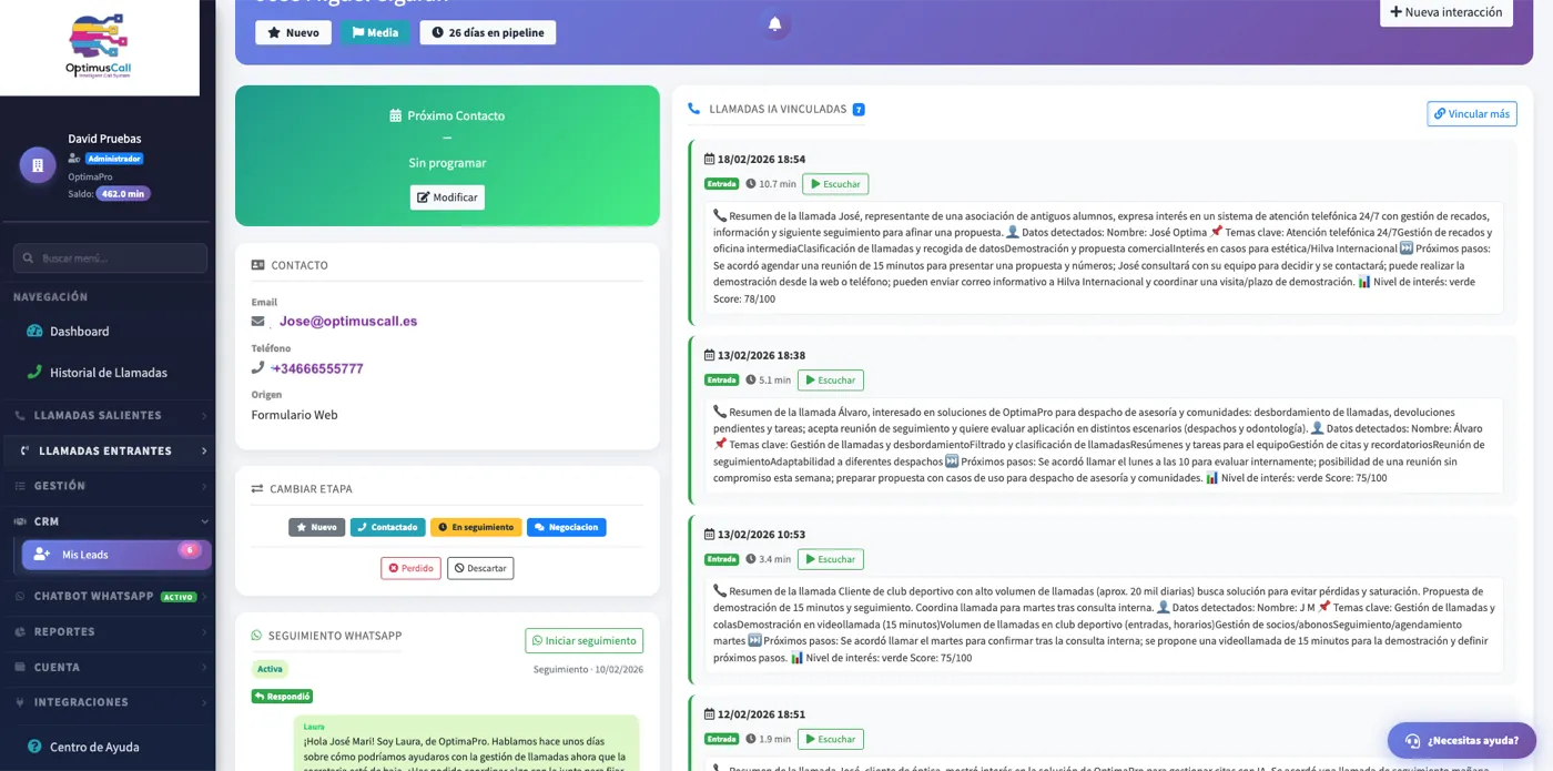 CRM de Leads OptimusCall - Pipeline comercial con gestión de oportunidades por IA