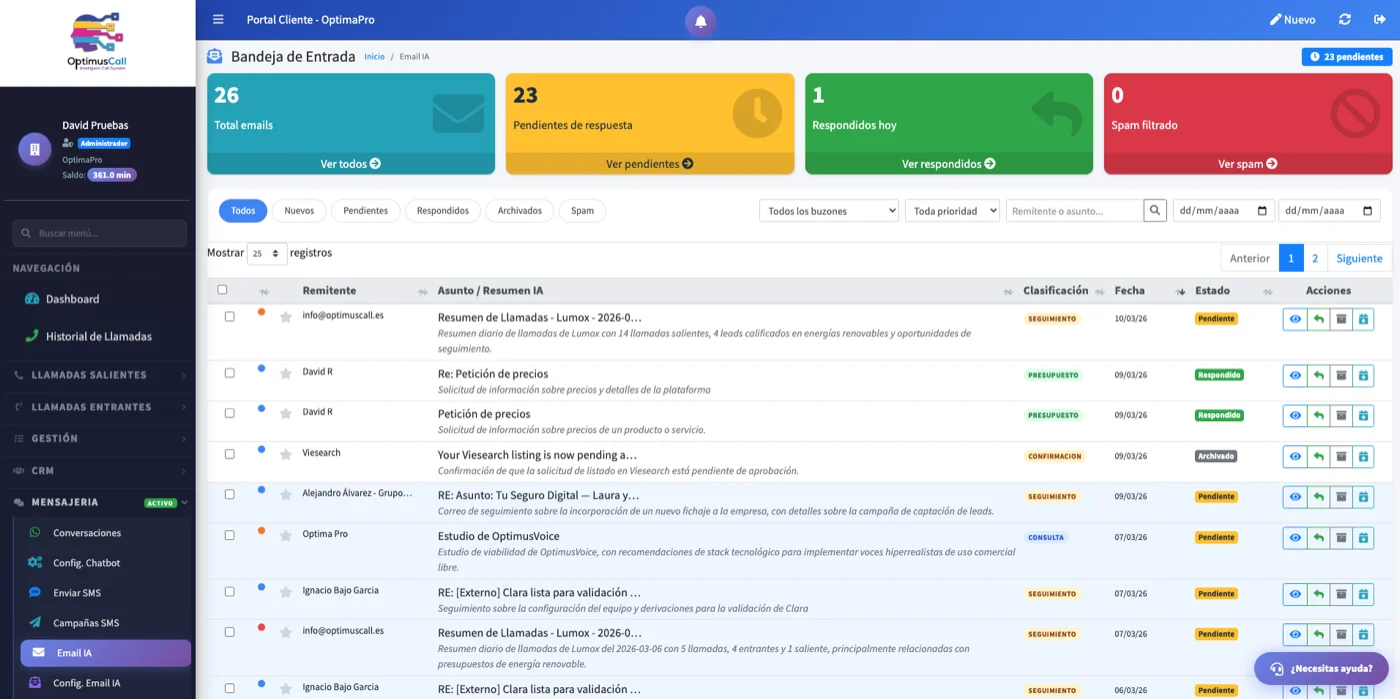 Email IA OptimusCall - Bandeja de entrada inteligente con clasificación y respuestas asistidas por IA