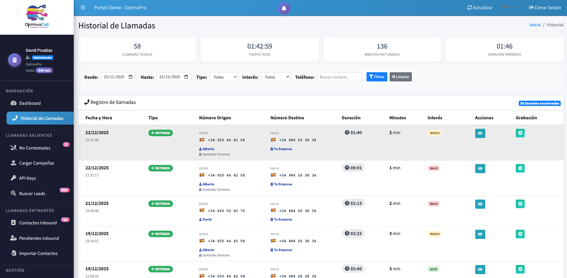 Historial de llamadas del agente de voz IA - Registro de conversaciones del voice agent