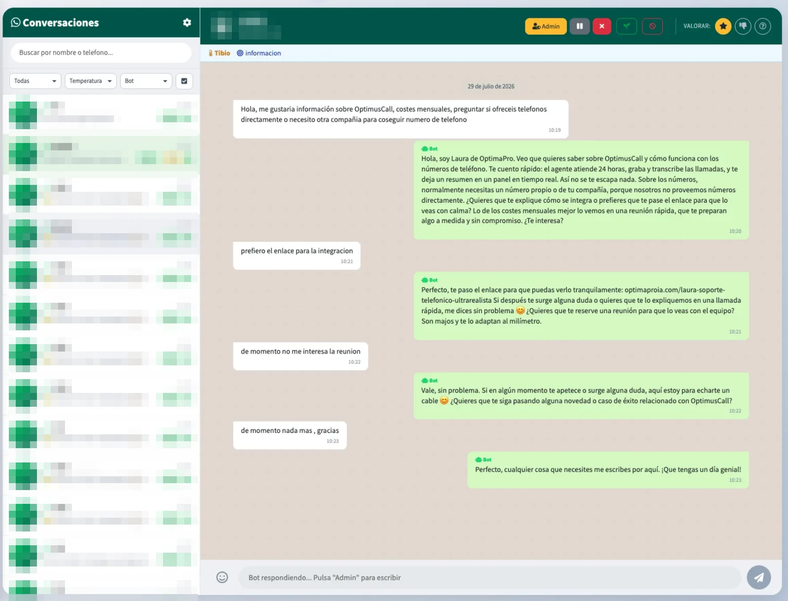 Panel real de conversaciones de WhatsApp: el bot atiende, responde y deriva a tu equipo